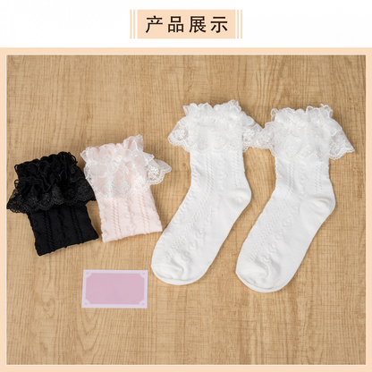Jirai Kei White Lace Cuffs Black Cotton Ankle Socks