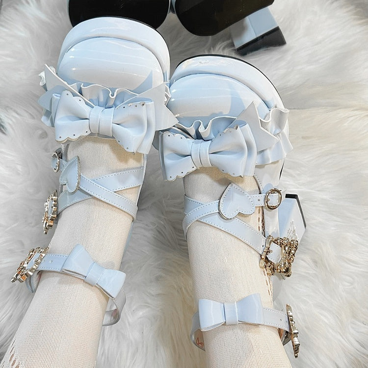 Blue Bear Buckle Straps Bowknot High Block Heels with Bear Embroidery