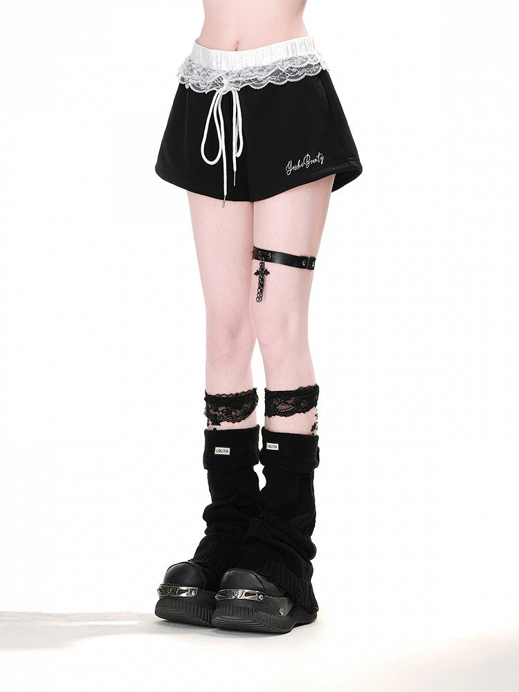 Lace Trim Drawstring Waist Wide-Leg Black Mini Casual Shorts