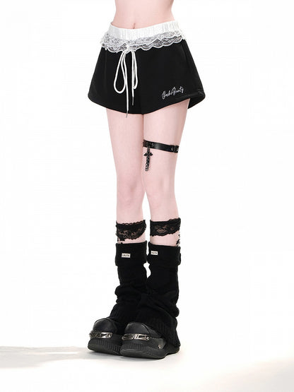 Lace Trim Drawstring Waist Wide-Leg Black Mini Casual Shorts