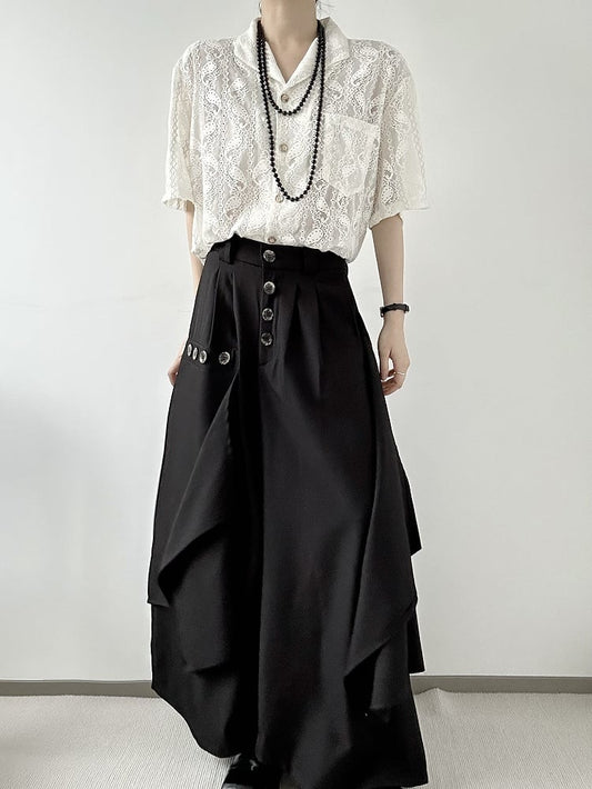 Ouji Lolita Black Wide-Leg Pants with Avant-Garde Draping