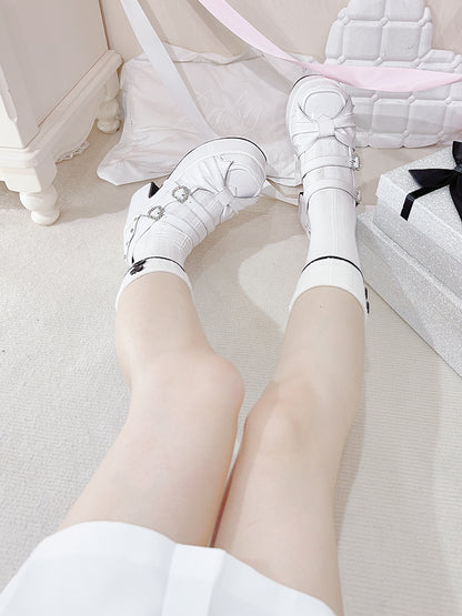 Polished White Bow at Top Rhinestone Buckles Platform Mary Jane Shoes
