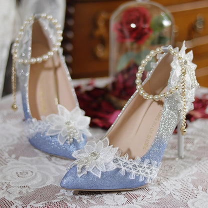 Light Blue Glittering Floral Detachable Beaded Chain 7CM/9CM Hime Lolita High Heels