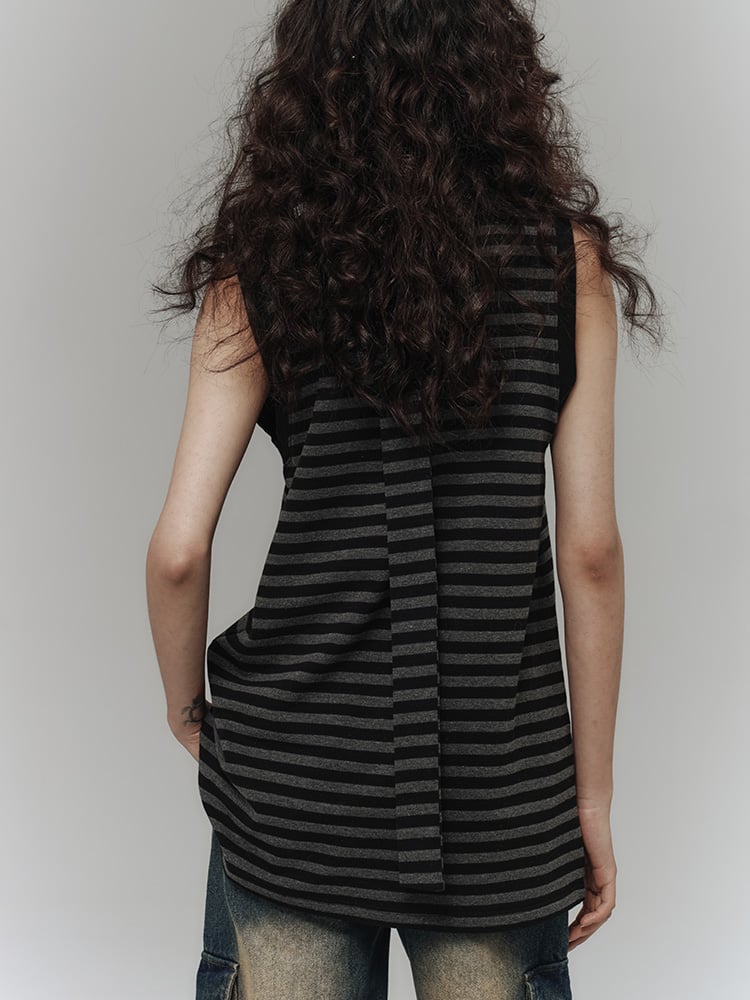 Punk Pins Star Black and Gray Striped Loose Tank Top with Scarf