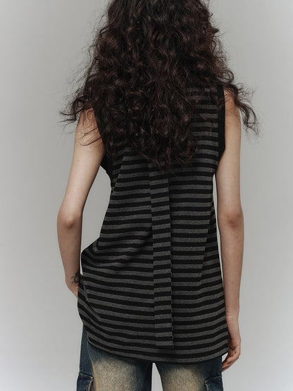 Punk Pins Star Black and Gray Striped Loose Tank Top with Scarf