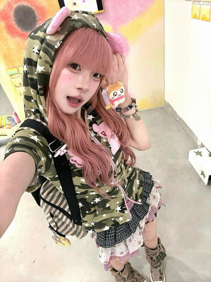 Camouflage Subculture Zip-Up T-shirt with Bear Ears Hood