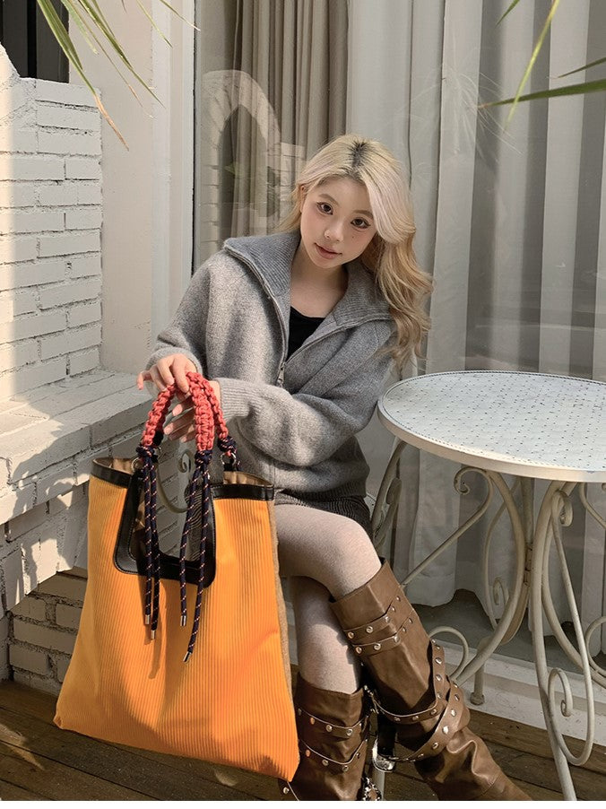 Sunny Yellow Woven Strap Corduroy Tote Bag With Large Capacity