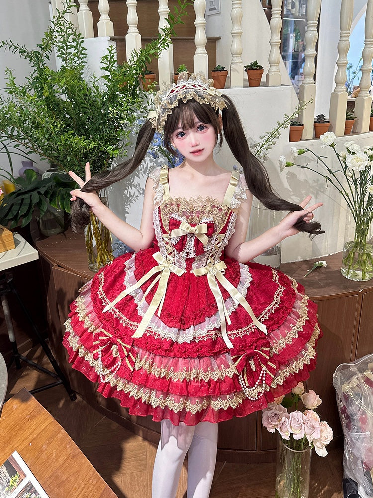 Red Bead Chain Bows Decorated Tiered Skirt Princess Lolita Dress