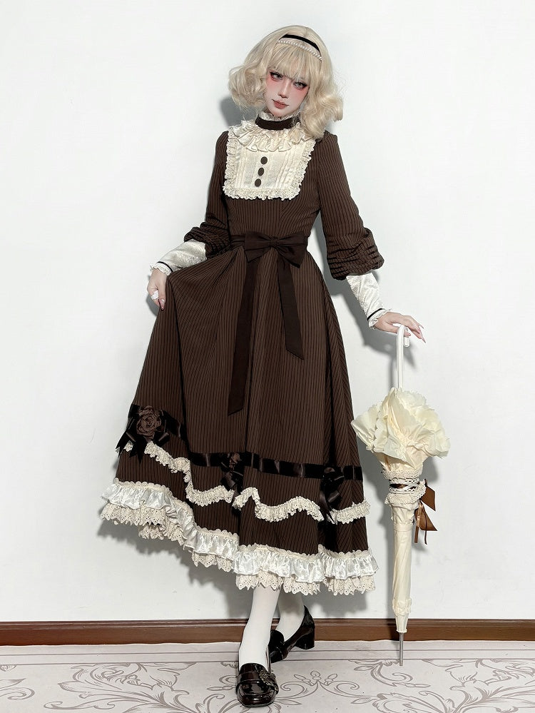 Beige Ruffle Neckline Brown Long Sleeves Striped Dress with Waist Belt