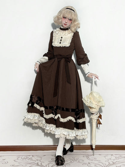 Beige Ruffle Neckline Brown Long Sleeves Striped Dress with Waist Belt