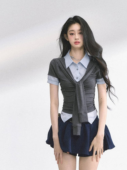 Preppy Style Polo Collar Gray & Blue / Apricot & Pink T-shirt Faux Two-pieces