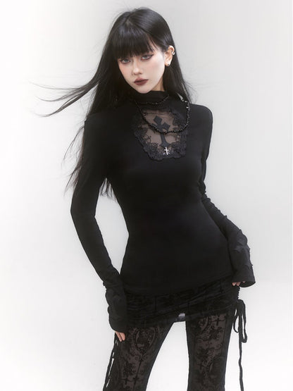 Gothic Black High Neck Cross Applique Cutout Detail Top