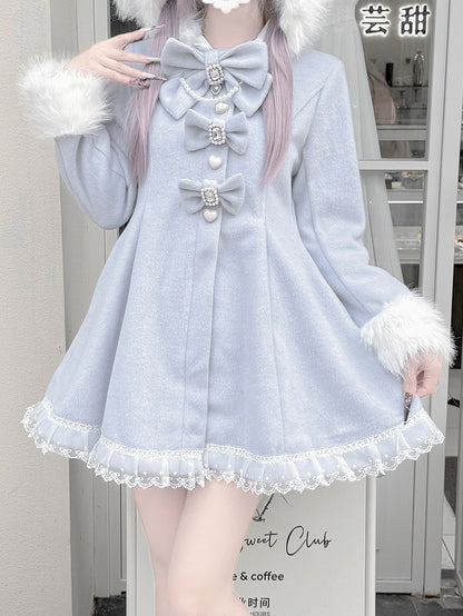 Jirai Kei Light Blue A-Line Waisted Coat with Detachable Bunny Ears Hood & Bowknots