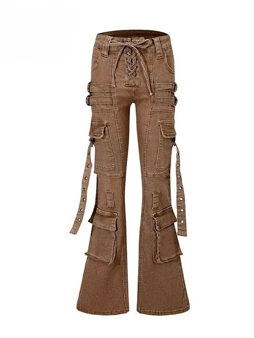 Coffee Brown Wasteland Punk Lace-up Detail Flare Silhouette Jeans