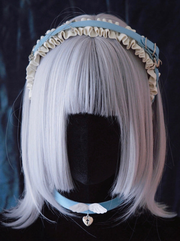 Heart Charm Blue and White PU Buckle Ruffled KC