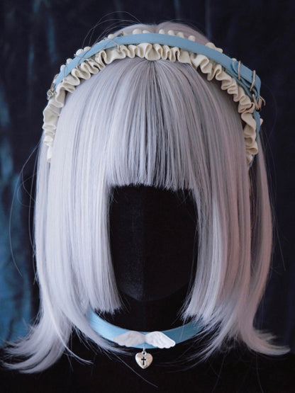 Heart Charm Blue and White PU Buckle Ruffled KC