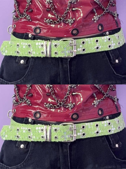 Punk Glitter Stud Waist Belt with Twin Buckles – 7 Colors