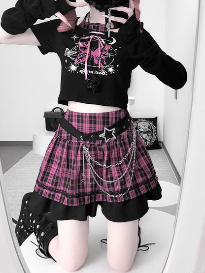 Black and Pink Punk Rock Idol Set- Butterfly Print Halter Top+ Plaid Skirt+ Buckle Belt+ Waist Chain