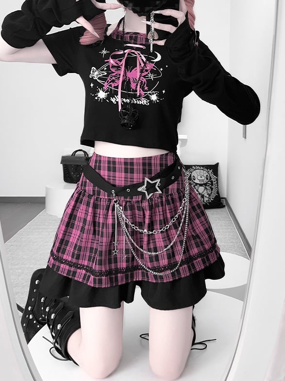 Black and Pink Punk Rock Idol Set- Butterfly Print Halter Top+ Plaid Skirt+ Buckle Belt+ Waist Chain