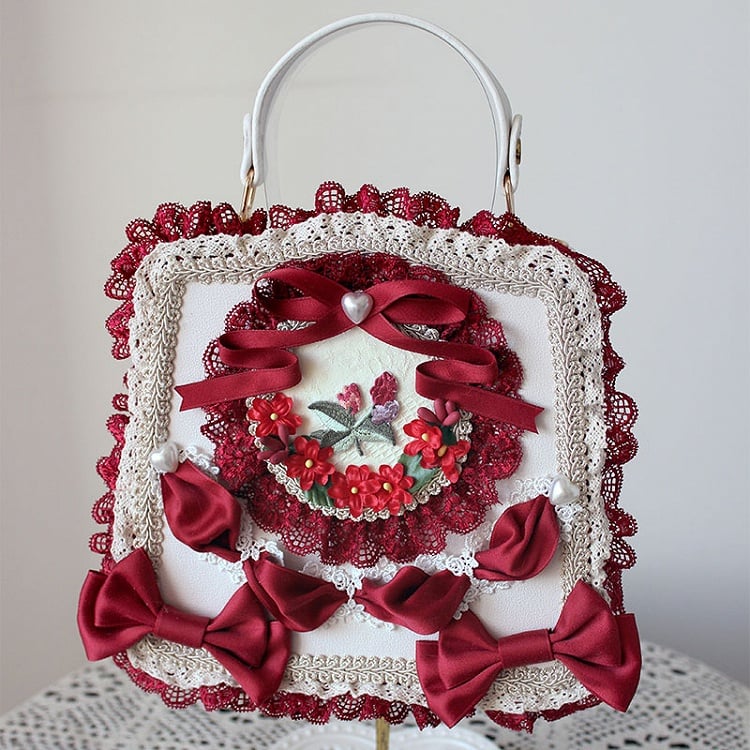 Elegant Classic Lolita Lace Handbag Adorned with Flower and Ribbon Bows – 9 Color Options