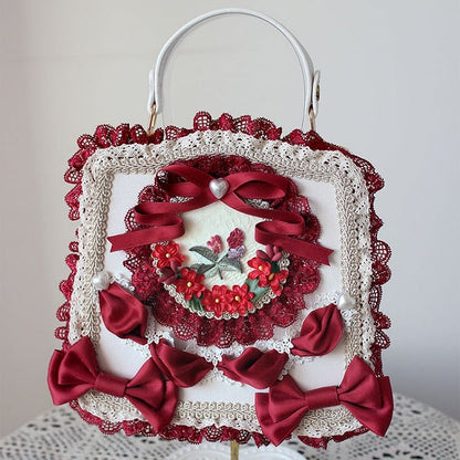 Elegant Classic Lolita Lace Handbag Adorned with Flower and Ribbon Bows – 9 Color Options