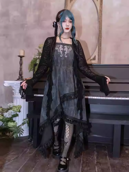 Black Bell Sleeves Asymmetrical Ruffled Hem Hollow-out Lace Cardigan