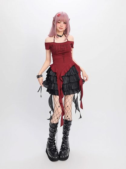 Black Elastic Waist Cascading Ruffles Tiered Mesh Skirt