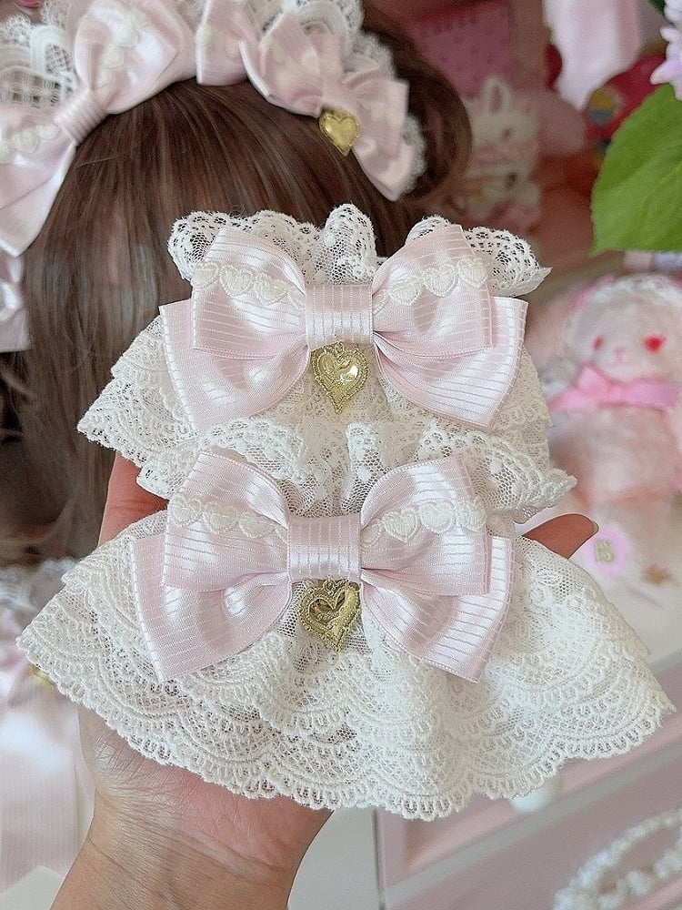 Pink Heart Charm Striped Pattern Bowknot Wrist Cuffs