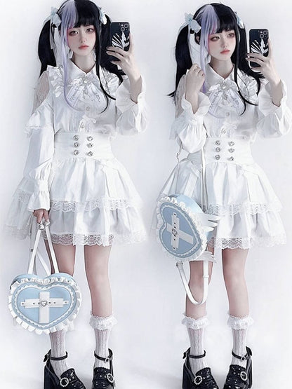 Jirai Kei Heart Backpack with Wings & Cross PU Leather in Black / Light Blue / Pink