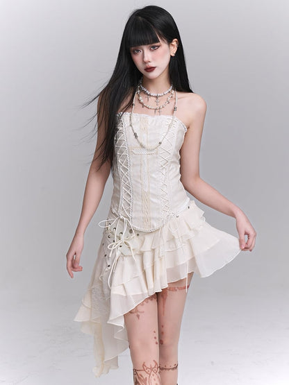 Beige Cross Lace Applique Lace-up Strapless Top / Asymmetrical Hem Tiered Skirt