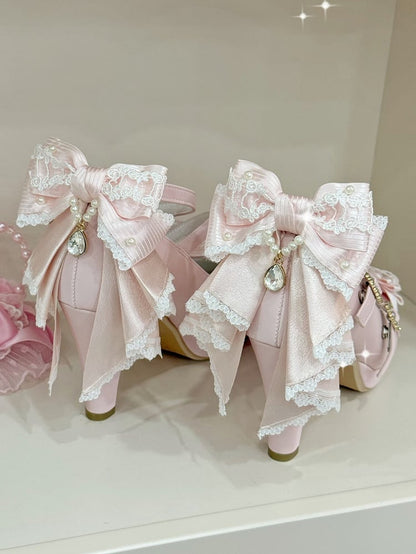 Pink Crisscross Design Heart Buckle Bow at Top High Heels
