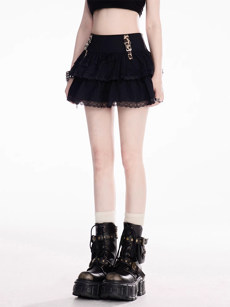 Leopard Pattern Buckle Straps Black Lace Trim Tiered Skirt