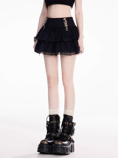 Leopard Pattern Buckle Straps Black Lace Trim Tiered Skirt