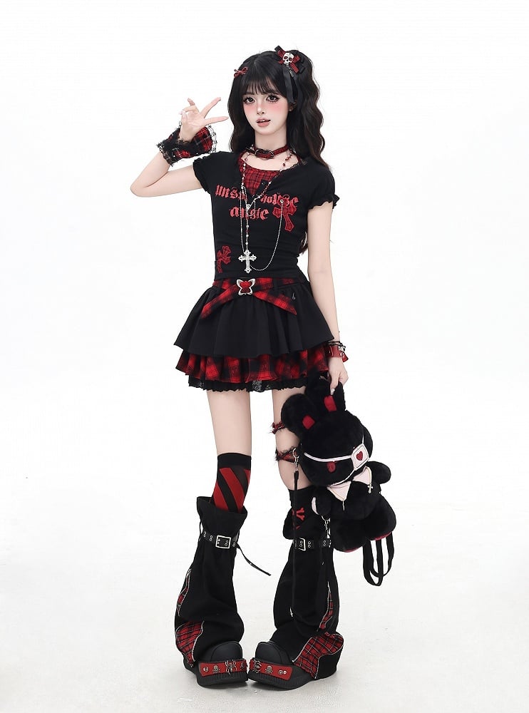 Y2K Plaid Cross Appliques Chains Decorated T-shirt Black/White Faux Two-pieces