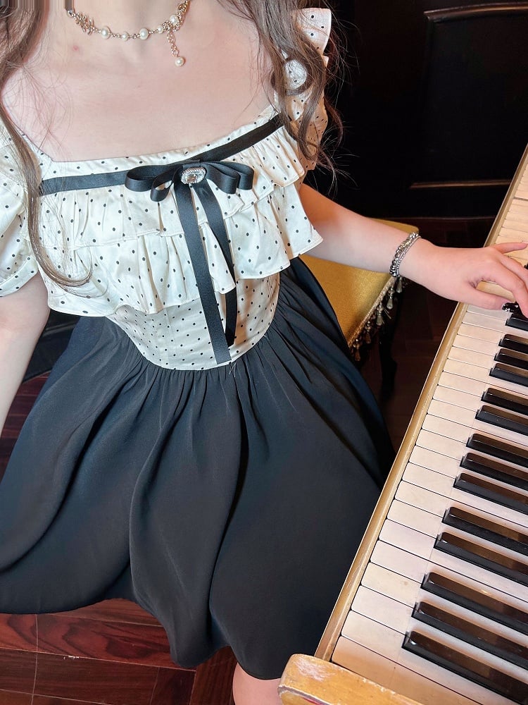 Plus Size Polka-dot Top White and Black Sweet Puff Sleeves Dress