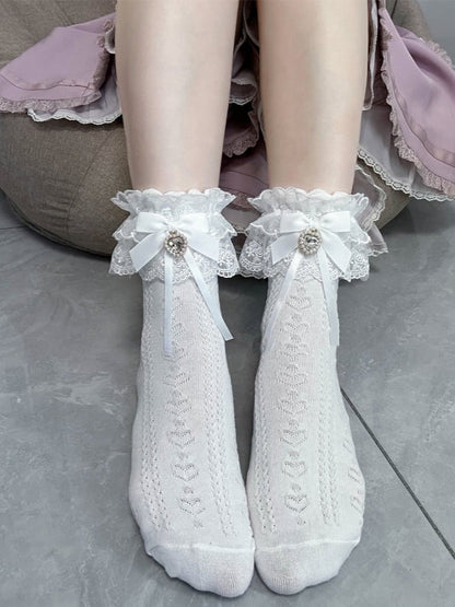 Jirai Kei White Bowknot and Heart Rhinestone Decoration Lace Cuffs White Cotton Ankle Socks