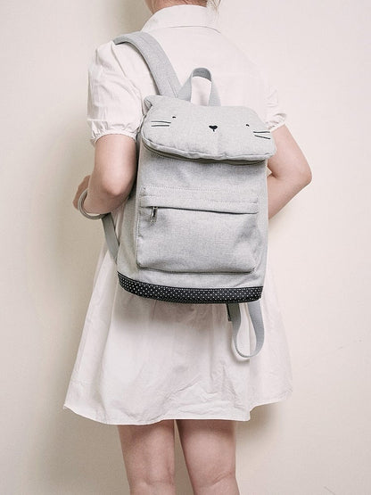 Charming Grey Cat-Ear Flap Backpack With Embroidered Kawaii Kitten Design