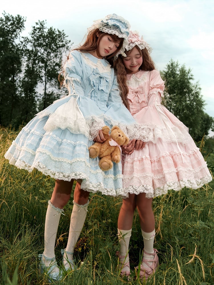 Baby Blue Lace Trims Cotton Dress Old School Lolita OP Full Set