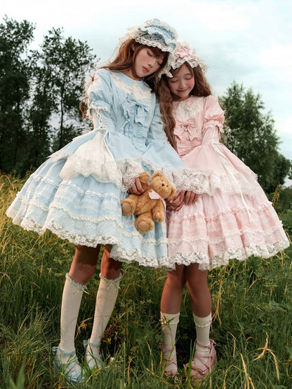 Baby Blue Lace Trims Cotton Dress Old School Lolita OP Full Set