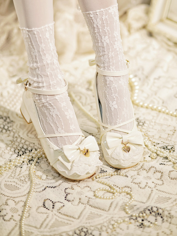 Milky White Heart Charm Bow at Top Lace Trim Crisscross Design Lolita Shoes