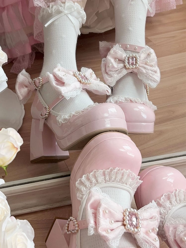 Polished Dusty Pink Detachable Rhinestone And Beaded Decorated Bowknot Lace Trim Platform High Block Heels