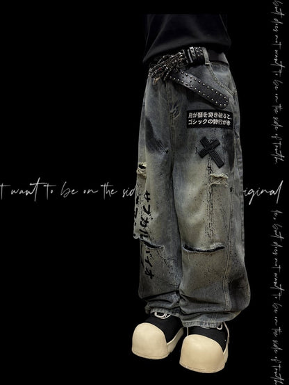 Blue Letter And Cross Applique Distressed Holes Details Wide-leg Cut Jeans