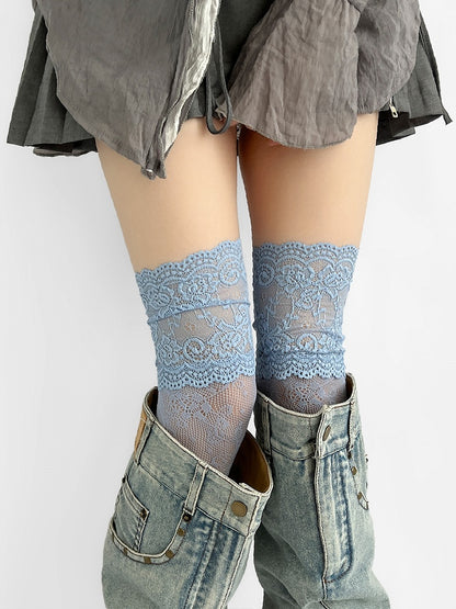 Gray/White/Brown/Blue/Black Lace Trim Hollow-out Design Over-knee Stockings