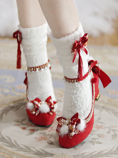 Red Bow Accents Cheongsam Style Lolita Block Heels