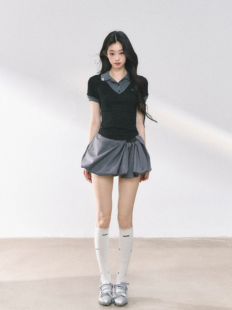 Rhinestones Decorated Polo Collar Pink& Apricot/ Black& Gray T-shirt Faux Two-pieces