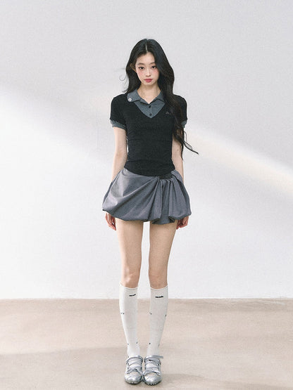 Rhinestones Decorated Polo Collar Pink& Apricot/ Black& Gray T-shirt Faux Two-pieces