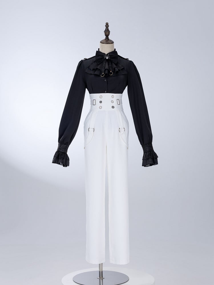 Buttons and Buckles High Waist White Ouji Fashion Pants