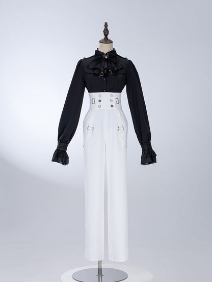 Buttons and Buckles High Waist White Ouji Fashion Pants