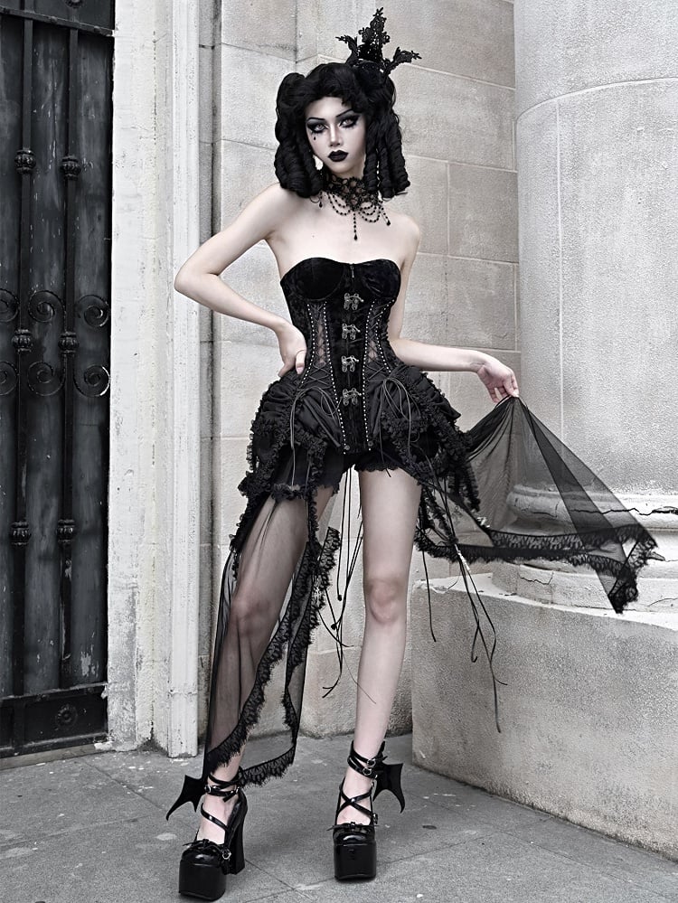 Gothic Black Birdcage Skirt and Bustier Corset Set
