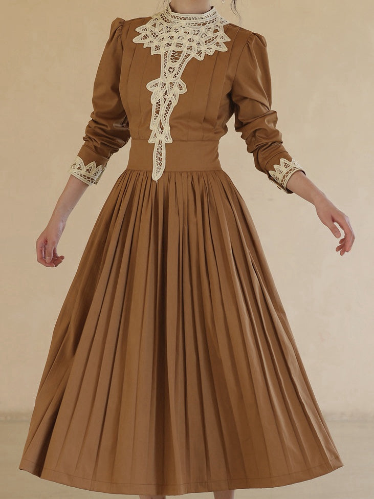 Brown Vintage Banded Collar Long Puff Sleeves Dress
